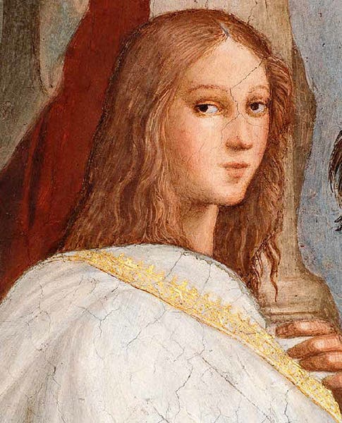 Detail of figure in the School of Athens, by Raphael, once thought to represent Hypatia of Alexandria, Vatican, 1509-11 (Wikimedia commons)