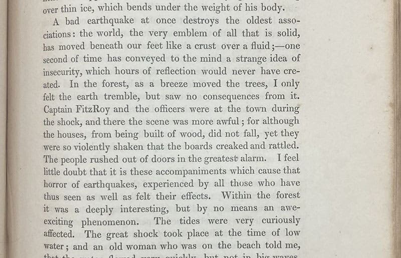 Charles Darwin describes his first earthquake, Feb. 20, 1835, in Valdivia, Chile, Narrative of the Surveying Voyages of His Majesty's ships Adventure and Beagle, by Robert FitzRoy et al., vol. 3, p. 369, 1839 (Linda Hall Library)