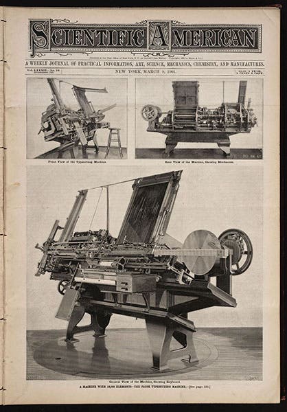 Paige compositor, three views, steel engraving, front page of Scientific American, March 9, 1901 (Linda Hall Library)
