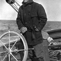 Henry Bryant Bigelow at the helm of USFS Grampus, undated photograph, ca 1912 (whoi.edu)