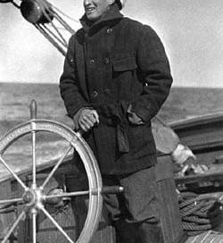 Henry Bryant Bigelow at the helm of USFS Grampus, undated photograph, ca 1912 (whoi.edu)