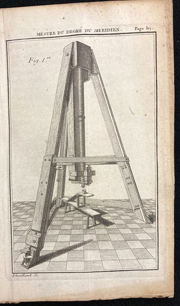 Zenith sector, built by George Graham for Pierre de Maupertuis, engraving, Dégré du méridien entre Paris et Amiens, déterminé par la mesure de M. Picard, et par les observations de Mrs de Maupertuis, Clairaut, Camus, Le Monnier, de l'Academie Royale des Sciences, p. lvi, 1740 (The Linda Hall)