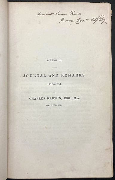 Half-title page to volume 3, written by Charles Darwin, of Narrative of the Surveying Voyages of His Majesty's ships Adventure and Beagle, by Robert FitzRoy et al., 1839 (Linda Hall Library)