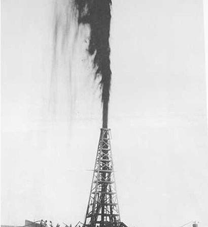 The Lucas gusher at Spindletop, shortly after it came in on Jan. 10, 1901, photograph, near Beaumont, Texas (Wikimedia commons)