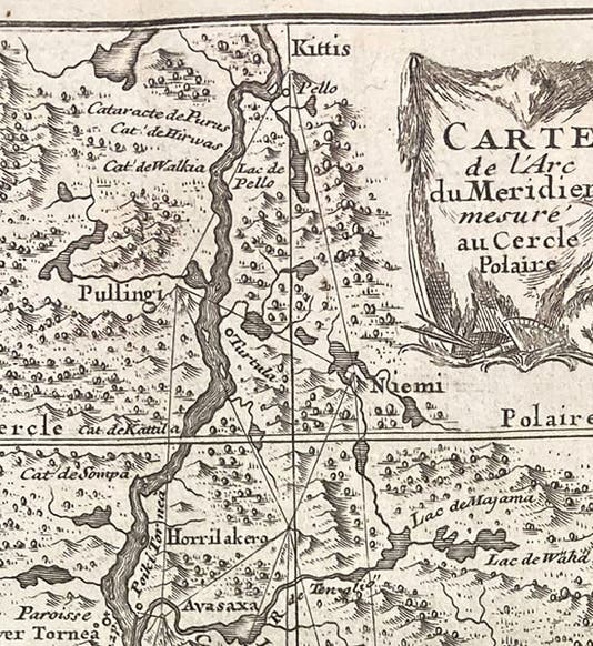 Detail of map of Lapland, showing series of triangulations made in Lapland to determine the length of a degree of latitude, La figure de la terre, déterminée par les observations de Messieurs de Maupertuis, Clairaut, Camus, Le Monnier ... & de M. l'Abbé Outhier ... accompagnes de M. Celsius ... faites par ordre du roy au cercle polaire, plate 1 at end, 1738 (The Linda Hall)