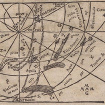 Woodcut comet map, showing the paths of the comets of 1580 and 1577, and the location of the new star of 1572 in Cassiopeia, title page, Consideratio & obseruatio cometae aetherei astronomica, qvui anno M D LXXX … in alto Aethere apparuit, by Michael Maestlin, 1581 (The Linda Hall)
