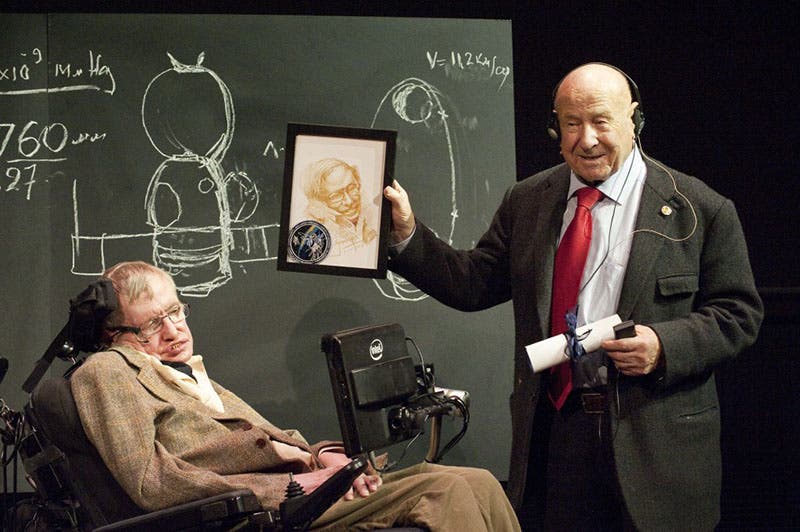 Alexei Leonov presenting Stephen Hawking with a portrait sketch that Leonov drew, on a visit to the Science Museum, London, 2015 (blog.sciencemuseum.org.uk)