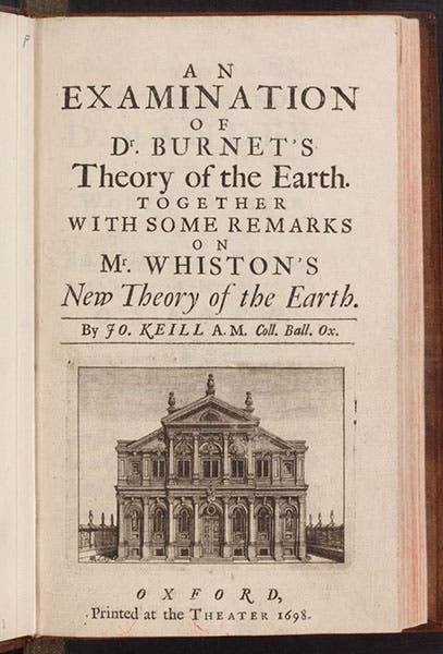 Title page, An Examination of Dr. Burnet's Theory of the Earth, by John Keill, 1698 (The Linda Hall)