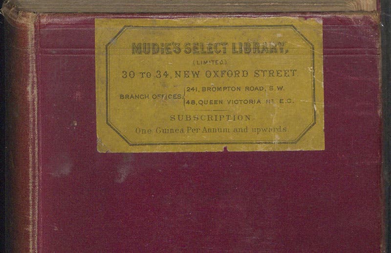 Mudie’s Select Library sticker, front cover, Travels in West Africa, by Mary H. Kingsley, 1897 (The Linda Hall)