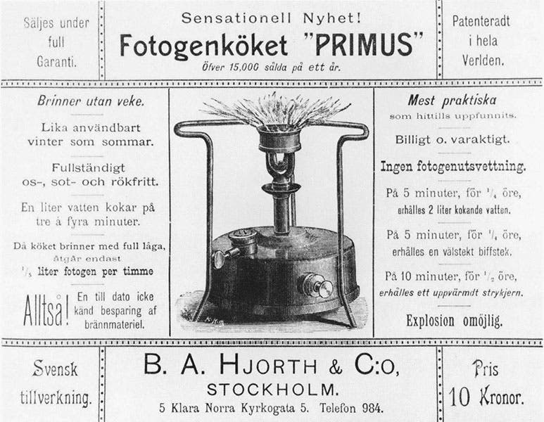 Early ad for the Primus stove by the manufacturer, B.A. Hjorth & Co., purportedly 1893; “Fotogenköket” means “kerosene stove” (Wikimedia commons)
