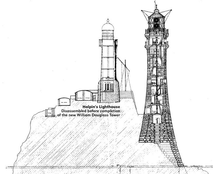 Diagram of William Douglass’s design for the new Fastnet Rock Light, on the right; the old lighthouse on the left, erected in 1854, was removed once the new lighthouse was functional (bredendieck.com)