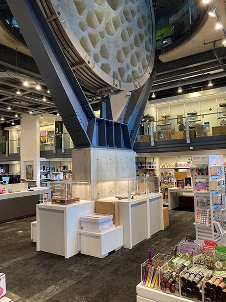 First attempted cast of a 200-inch Pyrex disc for Palomar, a failure, on display at the Corning Museum of Glass, view from first floor, photograph, 2025 (author’s photo)