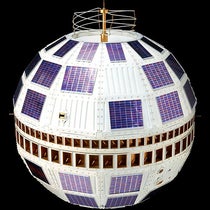 Telstar 1, launched into orbit on July 10, 1962, replica in Science Museum, London (Wikimedia commons)
