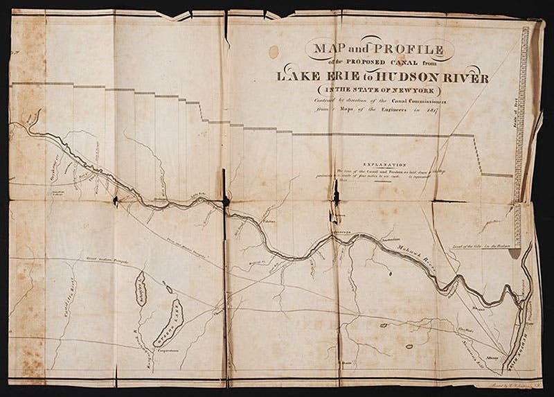 Segment of proposed map of Erie Canal route, showing section from Hudson River to Utica, from Official Report of the Canal Commissioners, 1817; the ”lockage” or drop in elevation is shown in a line graph at the top (The Linda Hall)