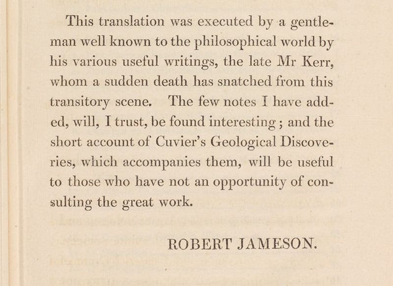 Last paragaph of preface by Robert Jameson, mentioning Robert Kerr, Essay on the Theory of the Earth, translated from the French of M. Cuvier, by Robert Kerr, 1813 (The Linda Hall)