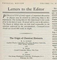 Detail of first page of paper on Big Bang nucleosynthesis by Ralph Alpher and George Gamow, with Hans Bethe’s name added by Gamow as co-author to make this an “alpha-beta-gamma” paper, Physical Review, vol. 73, 1948 (Linda Hall Library)