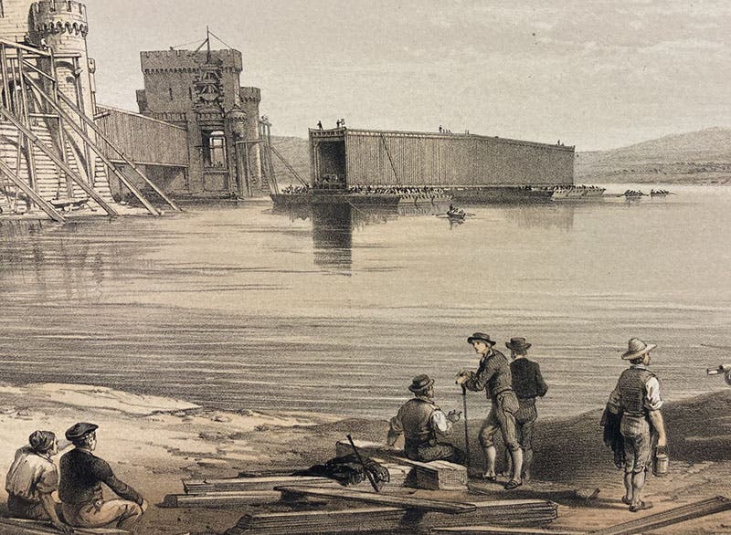 Floating the second tube for the Conwy Bridge into position, detail of tinted lithograph in The Britannia and Conway Tubular Bridges, by Edwin Clark, published with the sanction and under the supervision of Robert Stephenson, Atlas, plate 37, 1850 (Linda Hall Library)