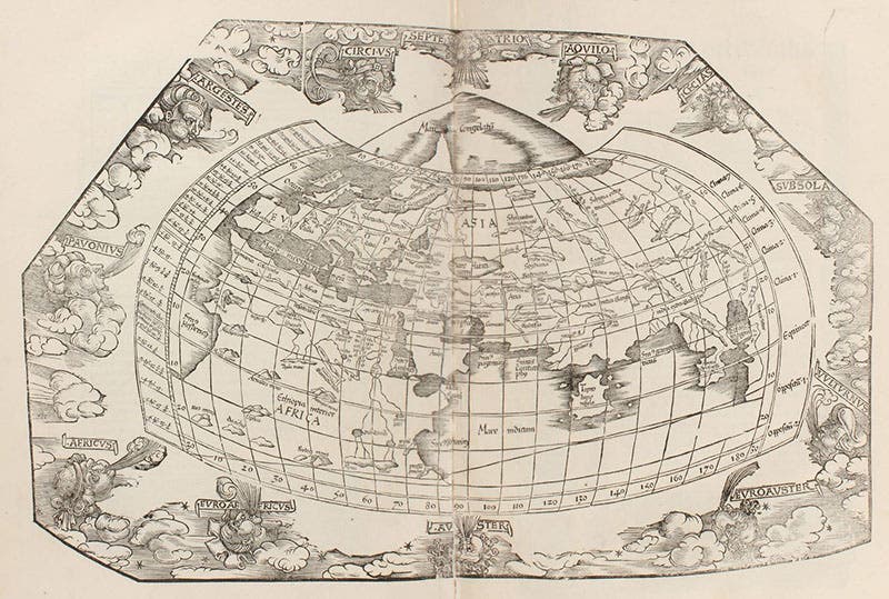 World map, woodcut, Geographicae enarrationis libri octo, by Ptolemy of Alexandria, 1525 (Linda Hall Library)