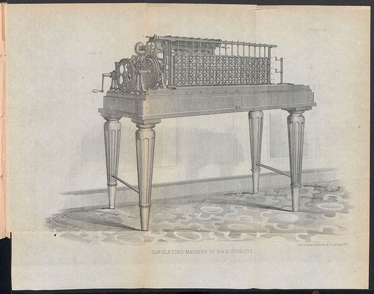 Scheutz difference engine no. 2 at the Dudley Observatory, complete fold-out engraving, Annals of the Dudley Observatory, vol. 1, p. 118, 1866 (Linda Hall Library)