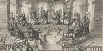 Scene showing 13 Holy Roman Emperors sitting in a circle, awaiting the 14th, Ferdinand IV, detail of frontispiece engraving, Problema Austriacum, by Albert Curtz, 1653 (Linda Hall Library)