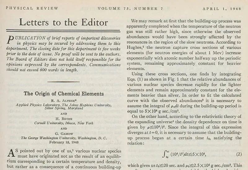 Detail of first page of paper on Big Bang nucleosynthesis by Ralph Alpher and George Gamow, with Hans Bethe’s name added by Gamow as co-author to make this an “alpha-beta-gamma” paper, Physical Review, vol. 73, 1948 (Linda Hall Library)