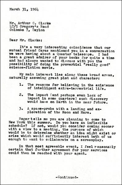 Letter from Stanley Kubrick to Arthur C. Clarke, Mar. 31 1964 (openculturel.com)