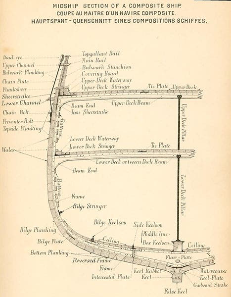 Section of a composite ship like the City of Adelaide, with wooden planking over an iron frame (Wikimedia commons)