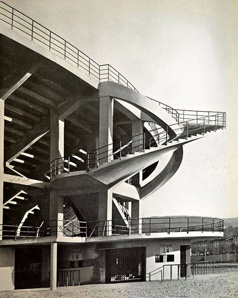 Giovanni Berta Stadium, cantilevered spiral stair, Florence, Italy, designed by Pier Luigi Nervi (and built by his construction firm Nervi & Bertoli), The Works of Pier Luigi Nervi, by Ernesto Rogers, 1957 (author’s copy)