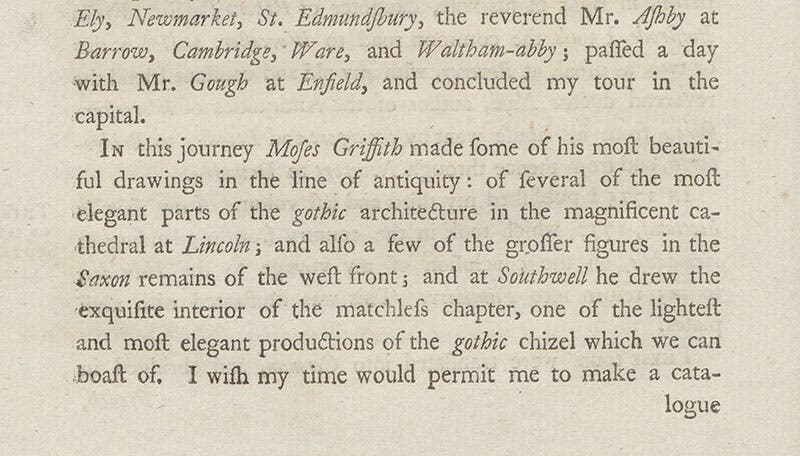 Text praising Moses Griffith, detail, The Literary Life of the late Thomas Pennant, by Thomas Pennant, p. 14, 1793 (Linda Hall Library)
