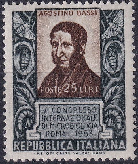 Italian postage stamp honoring Agostino Bassi, 1953 (amphl.it)