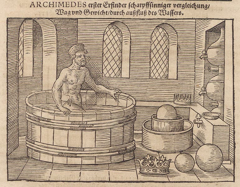 Archimedes in a tub, discovering one of his principles of bodies in water, woodcut in Baukunst, oder, Architectur aller fürnem̄sten, notwendigsten, angehörigen mathematischen vnd mechanischen Künsten, by Walther Hermann Ryff, 3rd ed., p. 492, 1582 (Linda Hall Library)