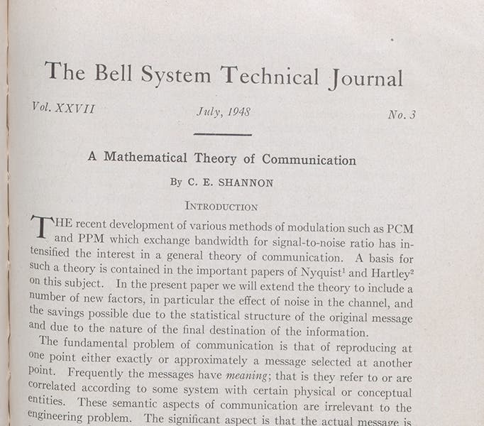 First paragraph of “The mathematical theory of communication,” by Claude Shannon, Bell System Technical Journal, vol. 27, p. 379, 1948 (Linda Hall Library)