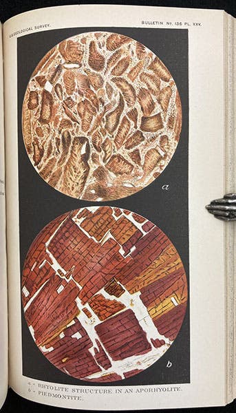 Microscopic views of two aporhyolites, a term coined by Bascom, plate 25 in “The ancient volcanic rocks of South Mountain, Pennsylvania,” by Florence Bascom, Bulletin of the U.S. Geological Survey, no. 136, 1896 (Linda Hall Library)