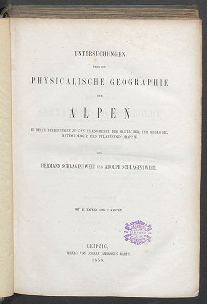 Title page of Untersuchungen über die physikalische Geographie der Alpen, by Hermann and Adolph von Schlagintweit, 1850 (Linda Hall Library)