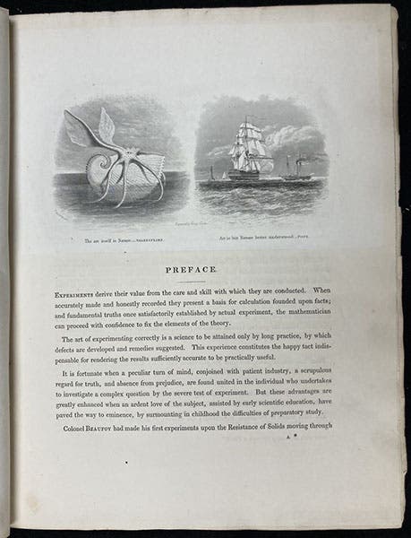 Preface, page i, with engraved headpiece, Nautical and Hydraulic Experiments, with Numerous Scientific Miscellanies, by Mark Beaufoy, vol. 1 (all published), 1834, copy 1 (Linda Hall Library)