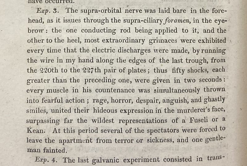 Description of experiment 3, “An account of some experiments made on the body of a criminal immediately after execution, with physiological and practical observations”, by Andrew Ure, Journal of Science and the Arts, vol. 6, p. 290, 1819 (Linda Hall Library)