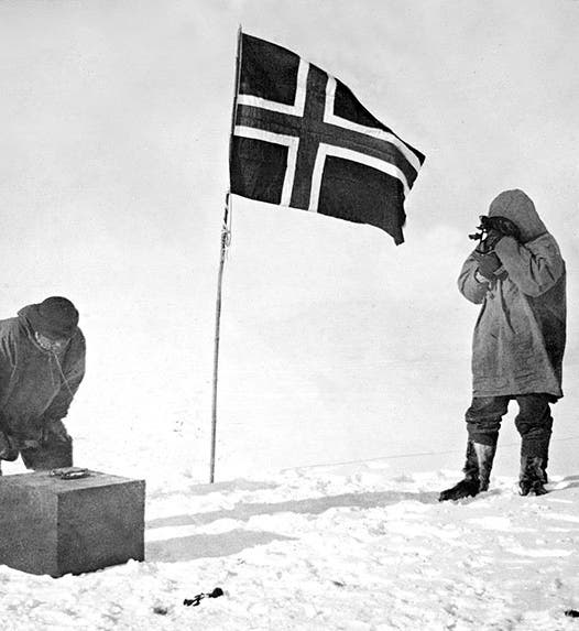 Roald Amundsen (right) measuring the solar altitude at the South Pole, Dec. 14-17, 1911 (Wikimedia commons)