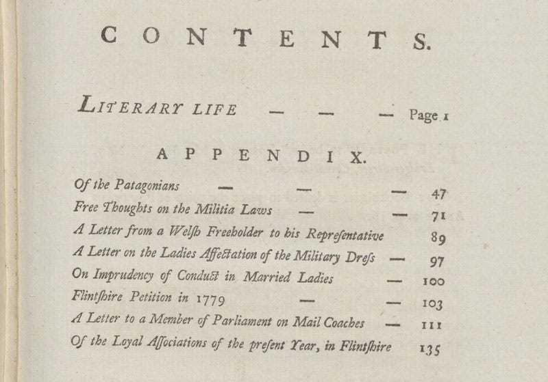 Table of Contents, detail, The Literary Life of the late Thomas Pennant, by Thomas Pennant, 1793 (Linda Hall Library)