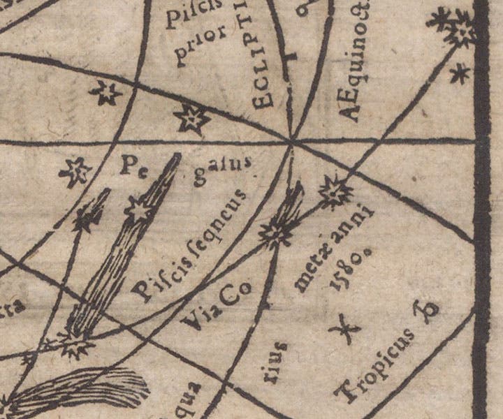 “Via cometae anni 1580,” path of the Comet of 1580, moving from upper right to lower left, detail of woodcut comet map, title page, Consideratio & obseruatio cometae aetherei astronomica, qvui anno M D LXXX … in alto Aethere apparuit, by Michael Maestlin, 1581 (The Linda Hall)