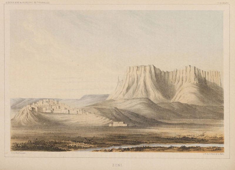 Zuni pueblo, chromolithograph from a sketch by Balduin Möllhausen, Explorations and Surveys for a Railroad Route from the Mississippi River to the Pacific Ocean: Route near the Thirty-Fifth Parallel, by Amiel W. Whipple (Pacific Railroad Report, 3), 1856 (Linda Hall Library)