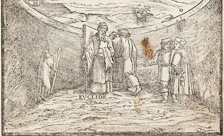 Euclid checking that you know geometry before you enter the domain of the seven liberal arts, detail of frontispiece of Nova scientia, by Niccolò Tartaglia, 1537 (Linda Hall Library)