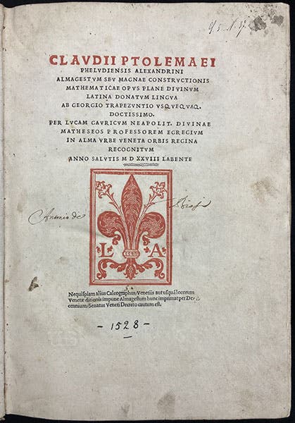 Title page, Almagestvm sev magnae constrvctionis mathematicae opvs … latina donatvm lingva ab Georgio Trapezvntio, by Ptolemy of Alexandria, 1528 (Linda Hall Library)