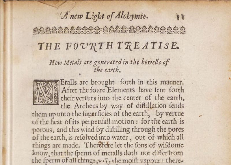 First page of Treatise 4, “How metals ae generated,” A New Light of Alchymie, by Michael Sendivogius, trans. by John French, 1650 (Linda Hall Library)