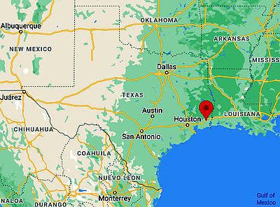 Map showing the location of Beaumont, Texas (red pointer), 80 miles east of Houston, near the Louisiana and Gulf borders (climatestotravel.com)