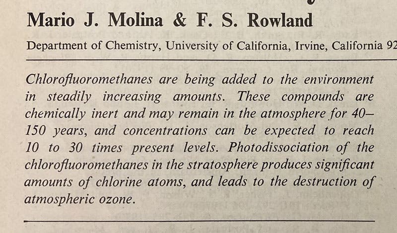 Abstract, ”Stratospheric sink for chlorofluoromethanes: Chlorine atomc-atalysed destruction of ozone,” by Mario J. Molina and F.S. Rowland, Nature, vol. 249, p. 810, June 28, 1974 (The Linda Hall)