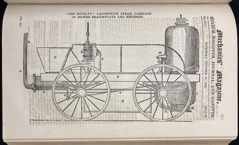 Novelty, locomotive built by John Braithwaite and John Ericsson for the Rainhill Trials in 1829, woodcut in Mechanics' Magazine, Register, Journal, and Gazette, vol. 12, p. 129, Oct. 17, 1829 (The Linda Hall)