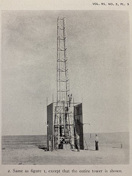 Rocket launch tower, Roswell, New Mexico, photograph, “Liquid-Propellant Rocket Development,” by Robert H. Goddard, Smithsonian Miscellaneous Collections, plate 9, fig. 2, vol. 95, no. 3, 1919 (The Linda Hall)