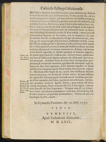 Colophon, showing that the lectures were given in 1556 and 1557, but were not published here until 1569, De medicatis aquis, atque de fossilibus, by Gabriele Falloppio, p. 176 verso, 1569 (The Linda Hall)