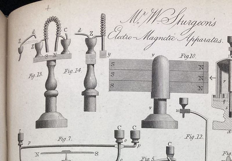 William Sturgeon’s first electromagnet of 1825, detail of engraved plate illustrating his article in Transactions of the Society, Instituted at London, for the Encouragement of Arts, Manufactures, and Commerce, vol. 43, plate 2, 1825 (Linda Hall Library)