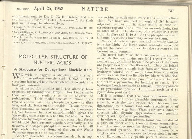 First paragraph of “Molecular structure of nucleic acids: A structure for deoxyribose nucleic acid," by James D. Watson and Francis Crick, Nature, vol. 171, p. 737, Apr. 25, 1953 (The Linda Hall)